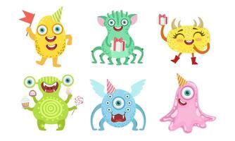 Cute Happy Monsters Set, Funny Friendly Colorful Mutant Characters, Childish Birthday Party Design Elements Illustration vector