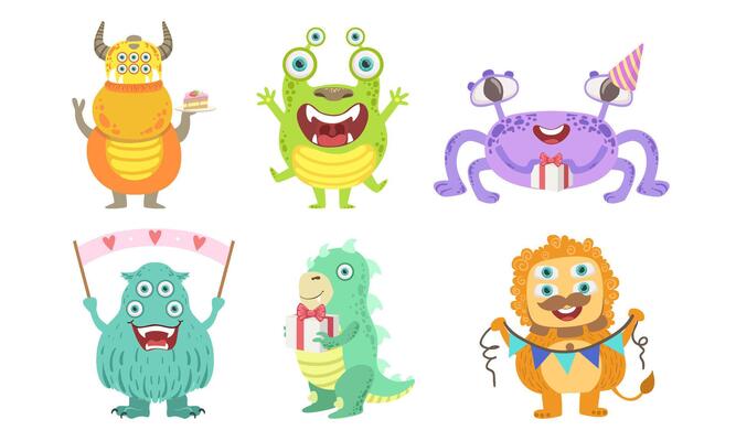 Cute Colorful Happy Monsters Set, Funny Friendly Mutant Characters, Birthday Party Design Elements Illustration
