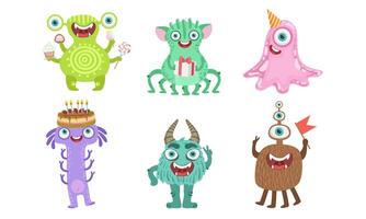 Cute Happy Monsters Set, Funny Friendly Cartoon Mutant Characters, Childish Birthday Party Design Elements Illustration vector