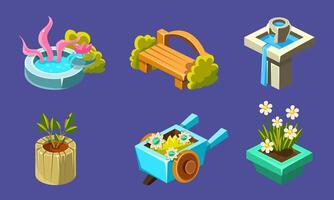 Fantasy Landscape Elements Set, Well, Bench, Waterfall, Flowerbed, Wheelbarrow, User Interface Assets for Mobile App or Game Illustration vector