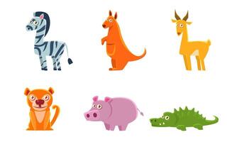 Collection of Cute Exotic Animals, Zebra, Kangaroo, Antelope, Boar, Crocodile Illustration vector