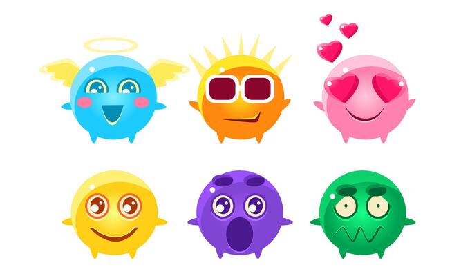 Colorful Glossy Balls Cartoon Characters Set, Cute Funny Fantastic Monsters with Various Emotions Illustration