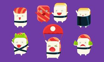 Sushi and Sashimi Cartoon Characters Set, Cute Rolls with Funny Faces in Different Situations and Various Emotions Illustration vector