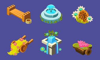 Fantasy Landscape Elements Set, Waterfall, Bench, Wheelbarrow, Fountain, User Interface Assets for Mobile App or Game Illustration vector