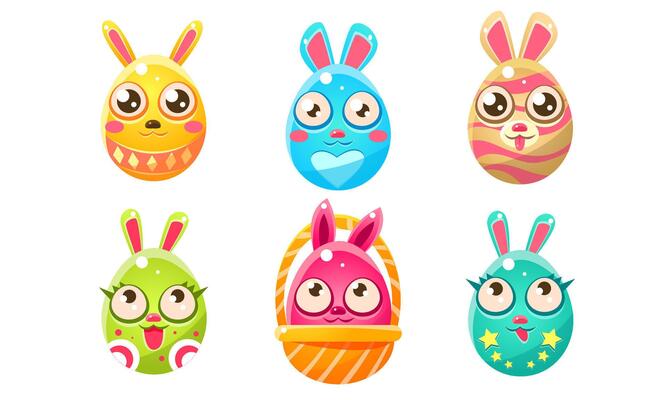 Collection of Cute Glossy Colorful Funny Eastern Egg Shaped Bunnies Cartoon Characters Illustration