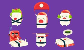 Sushi Cartoon Characters Set, Asian Food, Cute Rolls with Funny Faces in Different Situations and Various Emotions Illustration vector