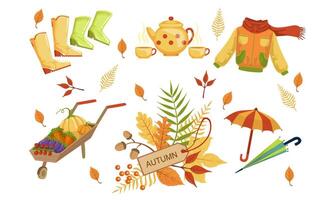Autumn Season Objects Collection, Autumnal Design Elements, Rubber Boots, Jacket, Wheelbarrow with Vegetables, Colorful Tree Leaves, Umbrella Illustration vector