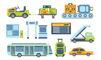 Airport Design Elements Set, Different Transport Types, Service Facilities, Security Checkpoint Illustration vector