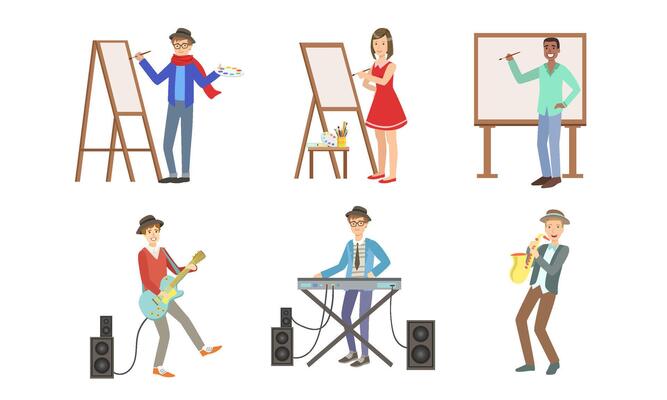 People of Creative Professions Set, Artists Painting on Canvas and Musicians with Musical Instruments Illustration