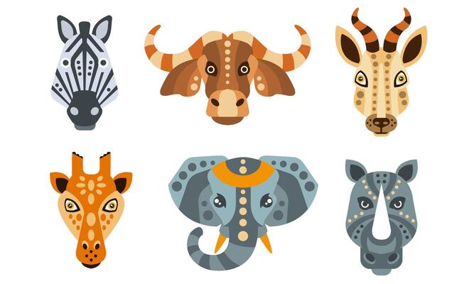 Collection of Animal Heads with Tribal Ethnic Ornament, Zebra, Buffalo, Antelope, Giraffe, Elephant, Rhino Illustration