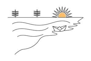 In sunset single-line art, the sweeping curves of the line illustrate the warm hues of a sunset, creating a serene and tranquil feeling. vector