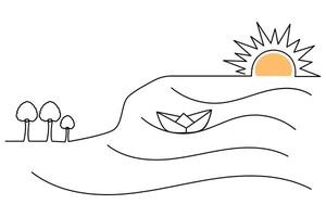 The continuous line in sunset single-line art beautifully reflects the calm and peaceful transition from day to night. vector
