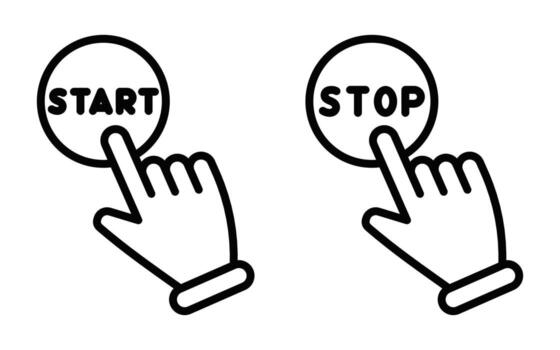 Two hands pointing at a button that says start and stop vector