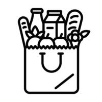 Grocery bag filled with food items and bread. Editable stroke. vector