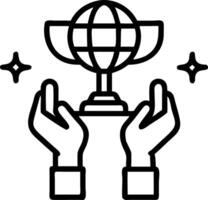 Bokeh digital art of hands lifting a trophy shaped like a globe with copy space above. vector