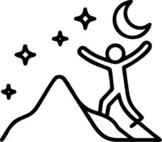 Bokeh digital art of a silhouette on a mountain reaching towards a crescent moon with copy space on the side. vector