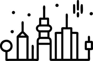 Bokeh digital art of a city skyline with buildings lit up in red and gold ample copy space to the left. vector