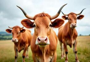 Three brown cows standing in field with their horns showing on ecological farm photo