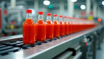 Row of red ketchup bottles on conveyor belt in food processing factory being processed photo