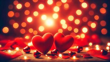 Two red hearts are placed on a table with red ribbons and other red items. Concept of love and warmth, as the hearts are a symbol of affection and the red ribbons photo