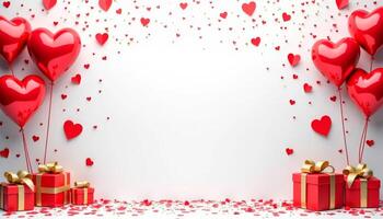 Valentines day background with red hearts, gift boxes, confetti and empty space for text photo