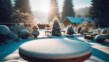 A snow covered table with a round top and a bench in the background. The bench is empty photo