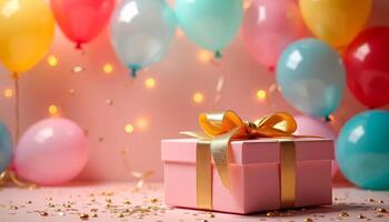 Present pink box with gold ribbon with bunch of colorful balloons on valentine and mother day, birthday, creating festive atmosphere. photo