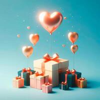 A box of gifts is surrounded by balloons and ribbons, creating a festive and joyful atmosphere. The balloons are in various sizes and colors, and they are tied to the box and other gifts photo