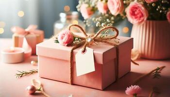 A pink box with a ribbon and a tag on it. The box is on a table with a vase of flowers and candles photo