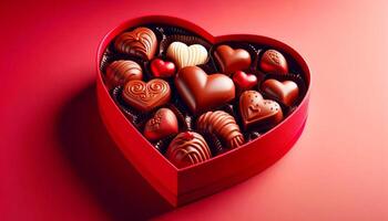 A box of chocolates is shaped like a heart. The chocolates are arranged in a way that they look like they are hugging each other. The heart shape of the box photo