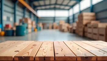 Warehouse with wooden tabletop and pallets stacked up in blur. Scene industrial and utilitarian photo