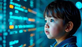 Asian boy looking at screen of monitor of computer with stock market data with numbers and letters. Modern technologies in teaching children photo