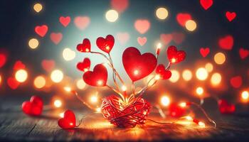 A heart-shaped arrangement of lights on a wooden table. The lights are red and are arranged in a way that they resemble a tree with branches. The arrangement is meant to evoke feelings of love photo