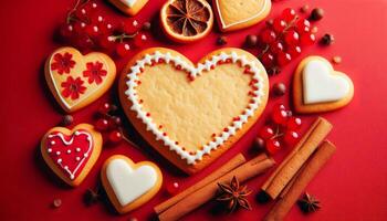 A heart-shaped cookie sits on a red background with other cookies and spices photo