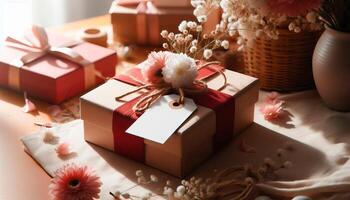 Present box with empty tag and flowers on table in sunlight, valentine and mother day, birthday photo
