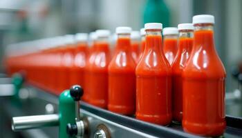 Row of red bottles of ketchup on conveyor belt. The bottles are lined up and appear to be in the process of being filled photo