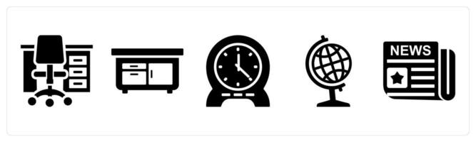 Set of 5 mix icons as office table, drawers, clock vector