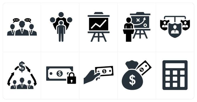 Set of 10 mix icons as business conversation, security administrator, business presentation vector