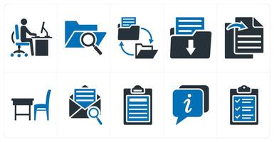 A set of 10 mix icons as office work, search folder, folder transfer vector