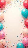 Vertical Colorful balloons and confetti on white background. Top view with copy space photo