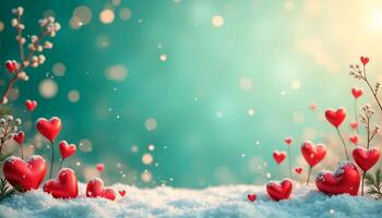 Valentines day background with red hearts and snow on bokeh background photo