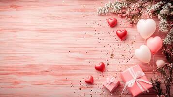 Valentine's day background with pink hearts and gift box on wooden board with space for text photo