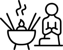 Candid photo of family praying at temple with incense sticks and copy space to the right. vector