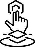 Abstract digital hand touching floating holographic interface with copy space vector