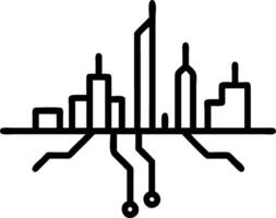 Abstract city skyline with glowing circuit lines and copy space vector