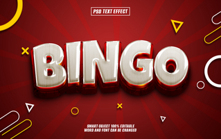 Bingo text effect with red background, geometric shapes, and wood texture. psd