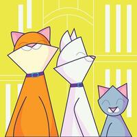 Colorful geometric cats with vibrant yellow background, modern abstract design for creative projects. vector