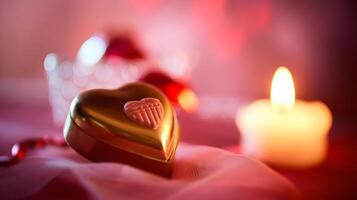 Valentine's Day scene with heart-shaped chocolate box and warm pink light photo