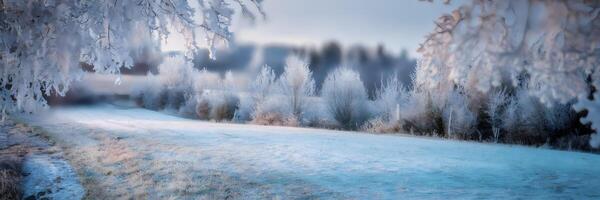 Blurred winter landscape with snow-laden trees and soft lighting photo