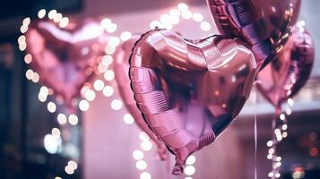 Softly blurred Valentine's Day scene with glowing heart-shaped balloons photo